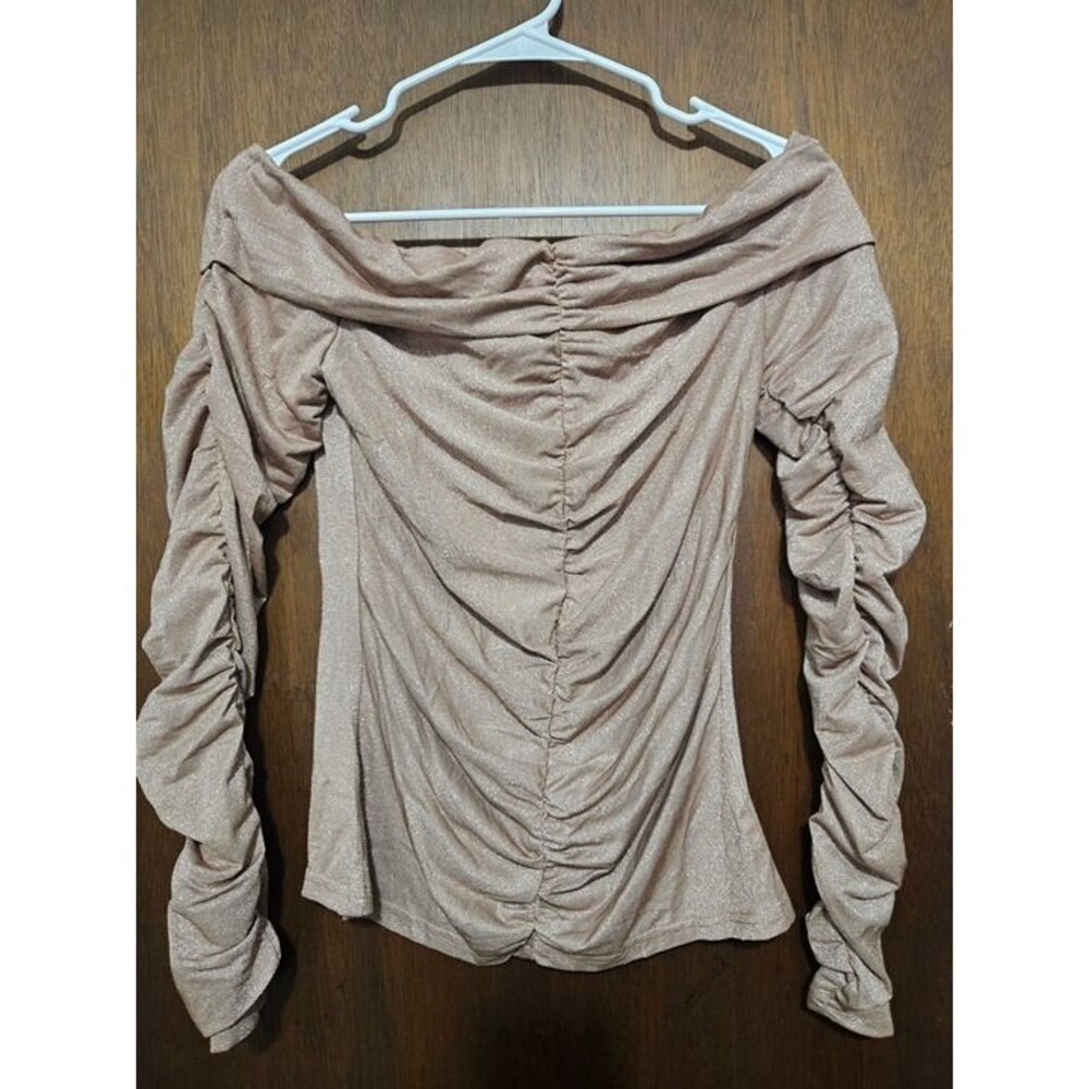 Women’s Off Shoulder Ruched Long Sleeve Shimmer Top Beige Party Clubwear Size SM